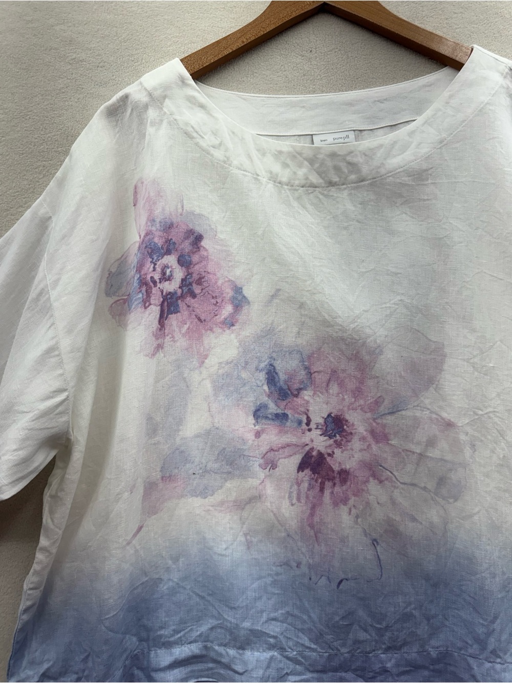 Pure Jill Linen Blouse Women’s Large Floral Watercolor Purple Boxy Top Boho - Picture 3 of 6